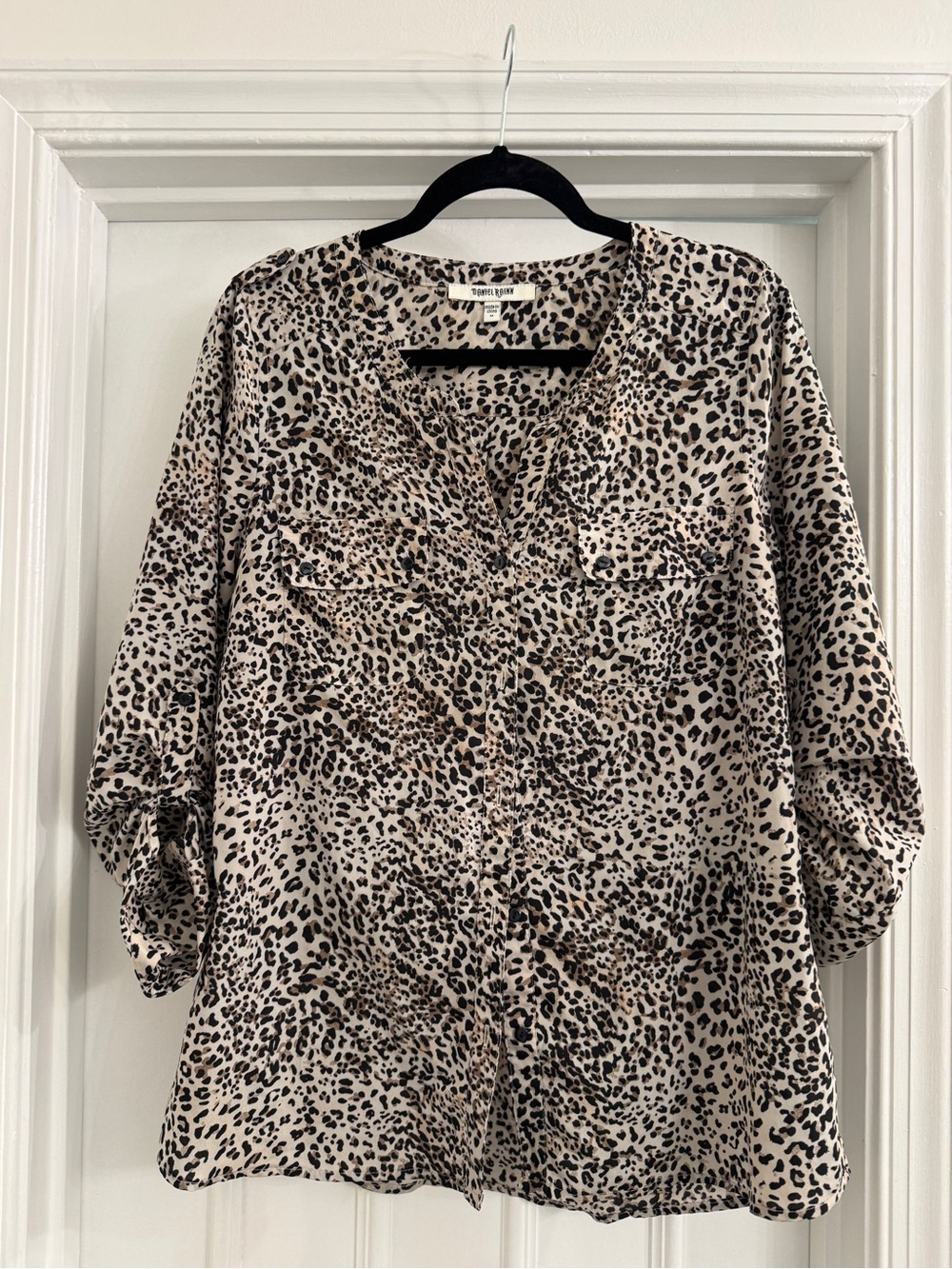 Daniel Rainn Taupe and Black Leopard Print Button-Down Blouse